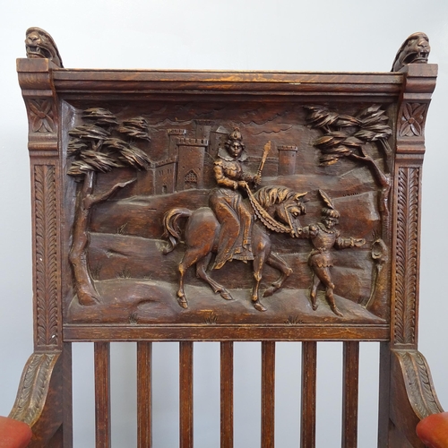 2575 - An antique carved oak and red leather upholstered Wainscot chair.