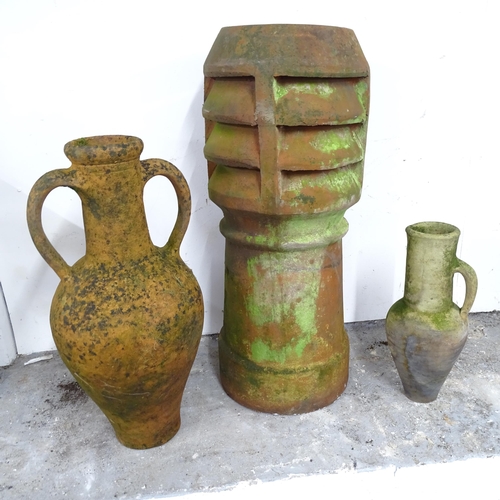 2588 - A terracotta chimney pot, Height 78cm, and two terracotta amphora garden ornaments (3)