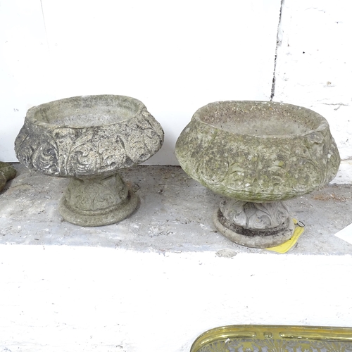 2590 - Two similar weathered concrete two-section garden planters on stands. Largest 46x36cm.