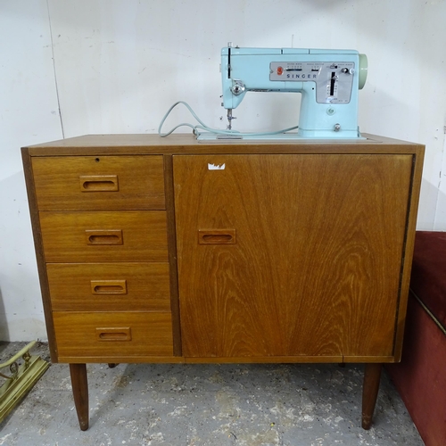 2593 - A mid-century Singer Sewing machine mounted on a teak work table. 85cm x 76cm x 45cm, A Victorian do... 