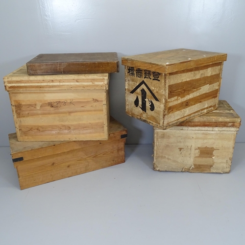 2597 - Three Japanese tea chests, largest 68x48x44cm,  another chest and a box (5)