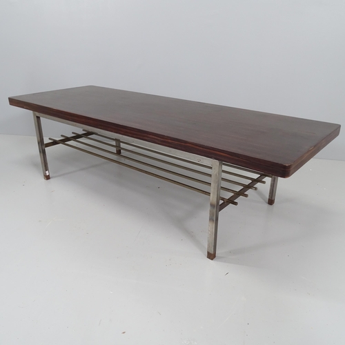 2169 - A mid-century coffee table, the stained walnut veneer top on steel base. 140x39x51cm