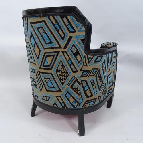 2181 - A French Art Deco tub lounge chair with ebonised frame, later reupholstered.