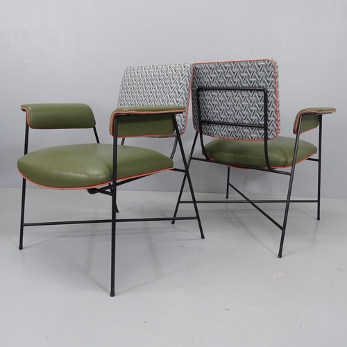 2187 - A pair of mid-century style lounge chairs with leather upholstered seats and arms, and fabric back, ... 