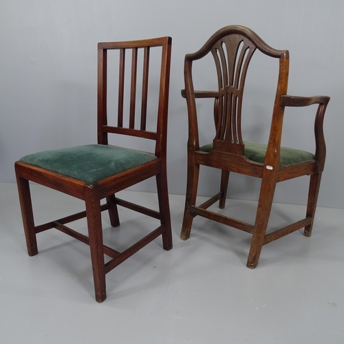 2191 - A set of four Georgian mahogany country dining chairs with drop in seats, and an antique oak and uph... 