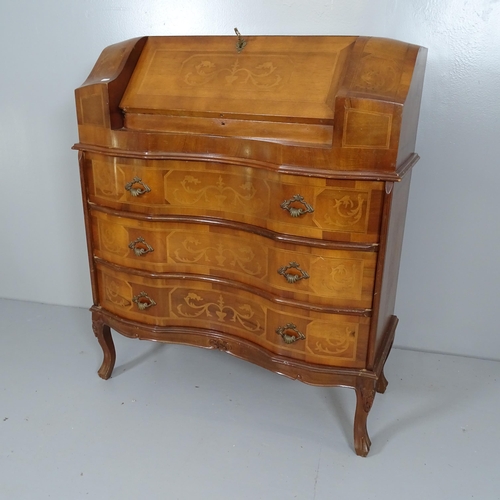 2624 - A French walnut bureau, with inlaid decoration, the fall-front revealing a fitted interior with thre... 