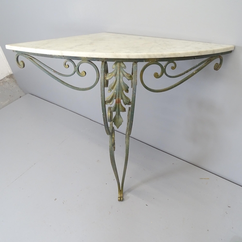 2626 - A marble topped corner console table on cast iron frame. 90x90x70cm