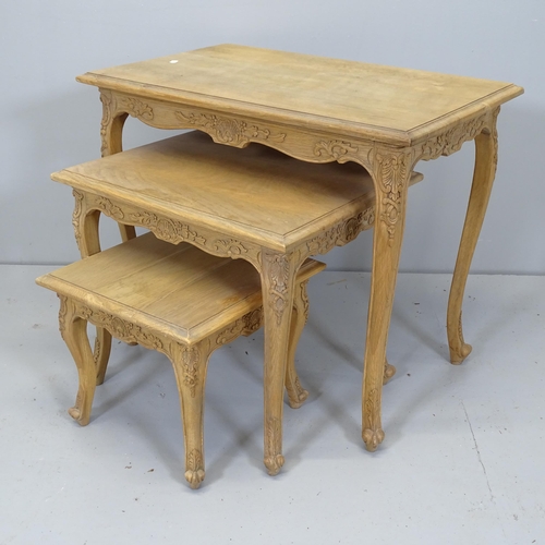 2632 - A modern French oak nest of three occasion tables, largest 66x56x42cm, and a modern brass two-tier o... 