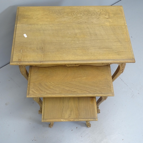 2632 - A modern French oak nest of three occasion tables, largest 66x56x42cm, and a modern brass two-tier o... 