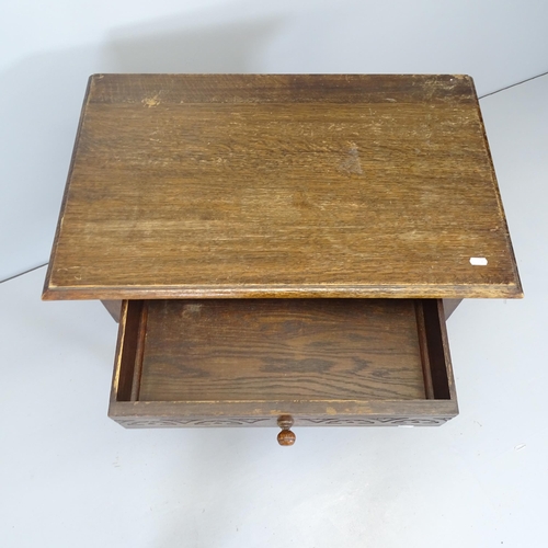 2651 - A reproduction oak side table with single frieze drawer and all around stretcher. 72x75x46cm.