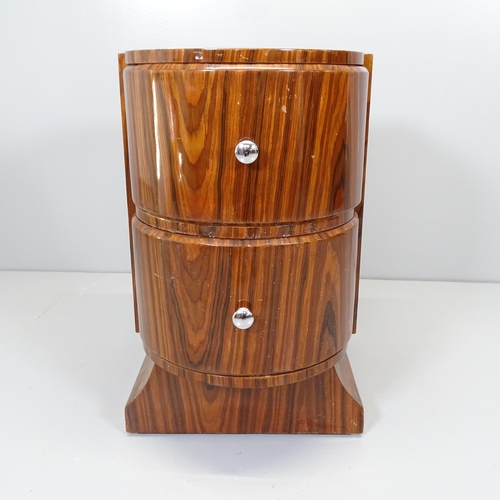 2652 - An art-deco rosewood veneer two drawer bow front bedside chest. 40x63x52cm.