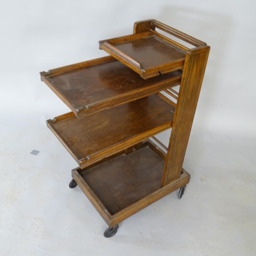 2691 - A 1930s stained wood trolley, with 3 adjustable cantilever trays, H93cm