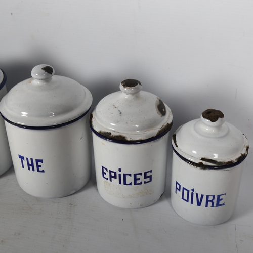 277 - A Vintage French blue enamel cannister set, a graduated set containing 6 jars in total, largest heig... 