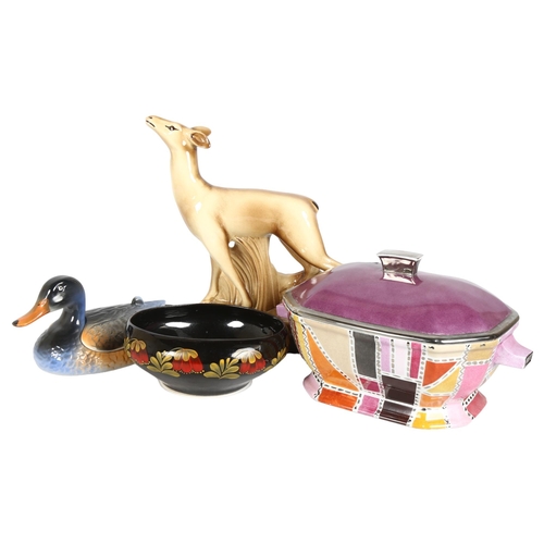 305 - A Limoges tureen, a 1930s St Radegonde standing deer,  statue, H33cm, stamped on base, and 2 other F... 