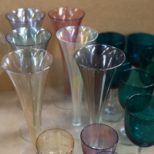 307 - 8 Bristol green glass Port wine glasses with clear stems, 6 Krosno Polish lustre Sherry glasses, 6 K... 