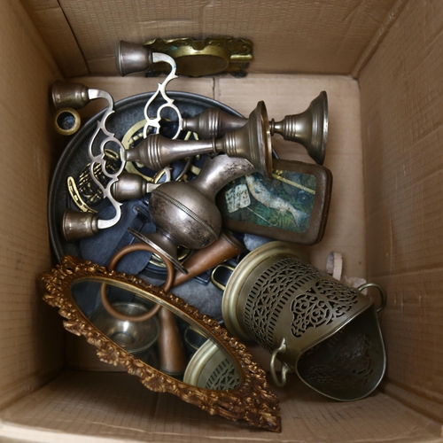 335 - A quantity of brassware and pewter items, including an Indian tray, a pair of Gothic style candlesti... 