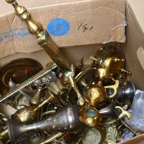 336 - A quantity of brass and copper items, including a pair of fire dogs, various fire utensils, various ... 