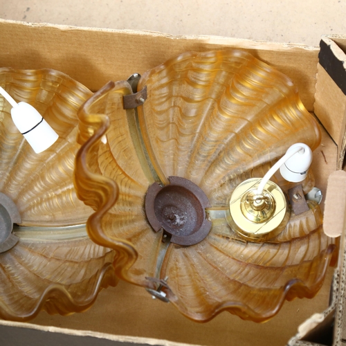 340 - A pair of Art Deco clam shell coloured glass ceiling shades, diameter 35cm