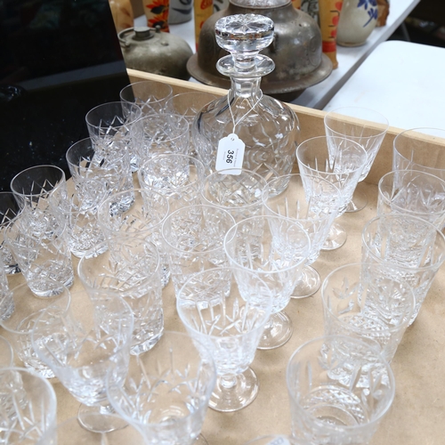 356 - A crystal decanter and stopper, 23cm, various Whisky tumblers and wine glasses