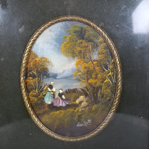 363 - An Antique oval painting on copper, figures by a lake, signed, in ornate giltwood frame, H20cm overa... 