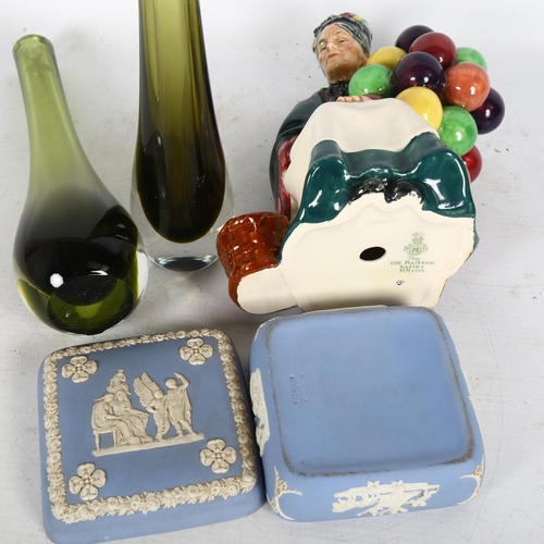 368 - Royal Doulton Old Balloon Seller, Wedgwood Jasperware box, and 2 similar Art glass vases