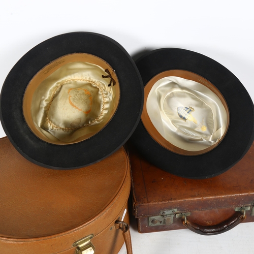 373 - A leather case, L33cm, an Antler hatbox, and 2 black trilby hats