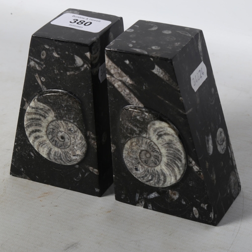 380 - A pair of marble bookends set with ammonites, H12cm