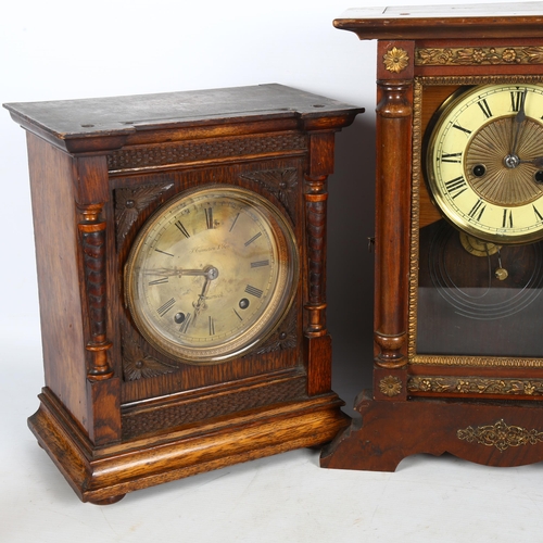 385 - A mantel clock by J Cameron & Sons Kilmarnock, in carved oak case, H29cm, and 2 other mantel clocks