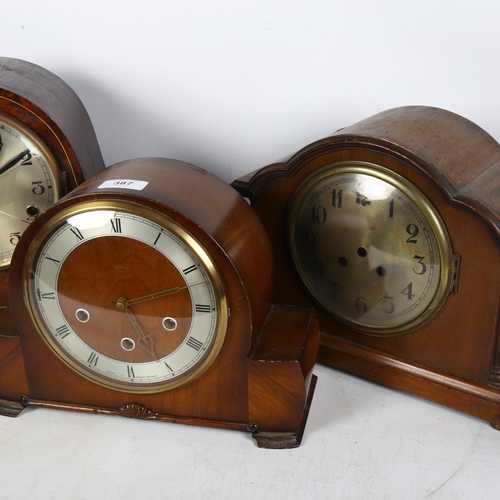 387 - A Napoleon hat style mantel clock with 3-train movement (glass A/F), H29cm, and 2 other Vintage mant... 