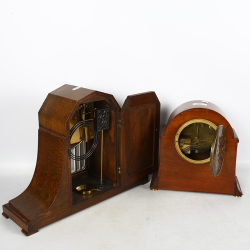 391 - A 2-train mahogany-cased mantel clock, with presentation plaque dated 1919, H24.5cm, and an oak-case... 