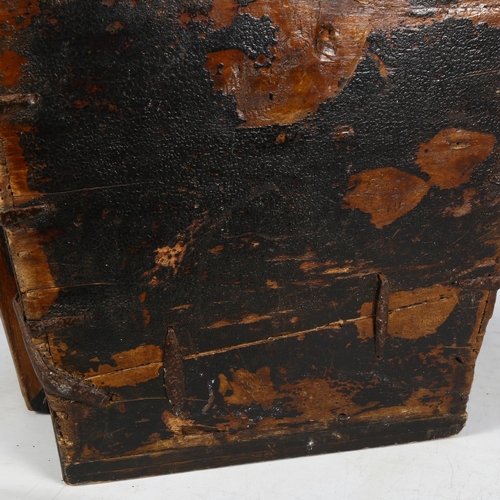 409 - An Oriental square wooden bucket with iron corners, H55.5cm