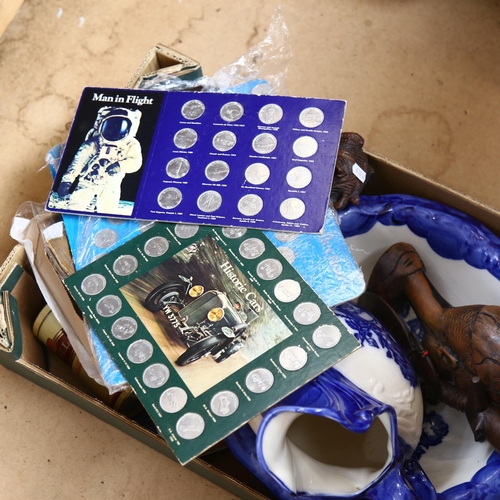 415 - A modern blue and white wash jug and basin, carved African figures, cigarette cards etc