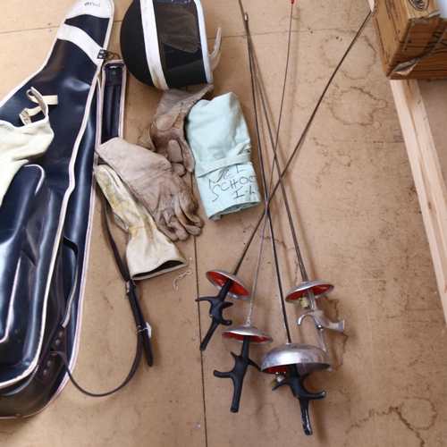 417 - A Paul fencing helmet, gauntlets, epee etc