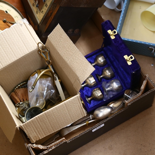 418 - Cased goblets, 2 clocks, brass ornaments, Sirram picnic set etc