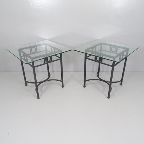 2659 - A pair of square glass topped side tables on metal bases. 60x57cm.