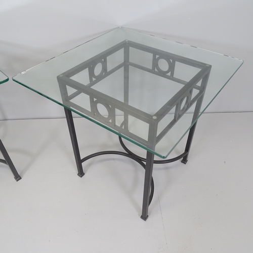 2659 - A pair of square glass topped side tables on metal bases. 60x57cm.