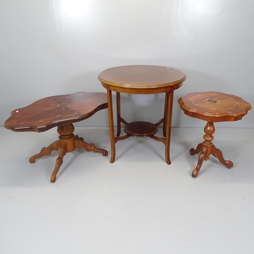 2680 - Two modern mahogany Italianate occasional tables of shaped form, a two-tier circular table with inla... 