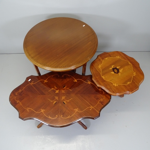 2680 - Two modern mahogany Italianate occasional tables of shaped form, a two-tier circular table with inla... 