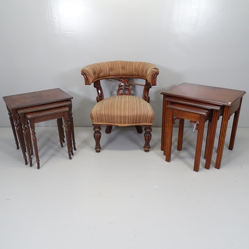 2701 - A Victorian mahogany and upholstered desk chair, a reproduction mahogany and satinwood strung nest o... 