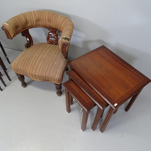 2701 - A Victorian mahogany and upholstered desk chair, a reproduction mahogany and satinwood strung nest o... 