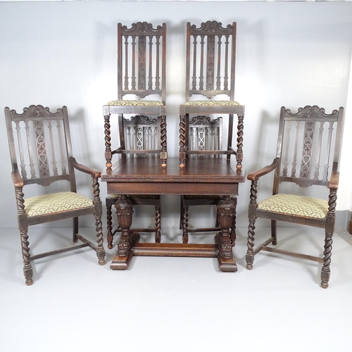 2708 - An oak Jacobean style draw-leaf dining table, raised on carved baluster legs, 105 (extending to 175)... 