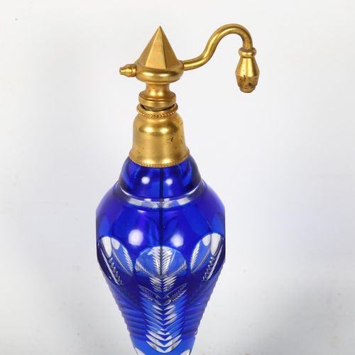 112 - A 19th century Bristol blue overlay glass atomiser perfume bottle, height 18cm