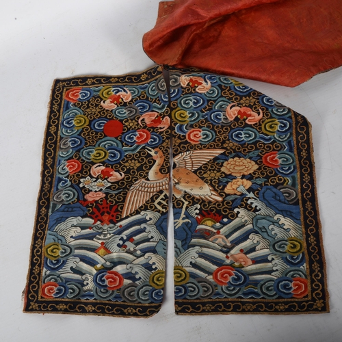 129 - An Antique Chinese rank badge, decorated with phoenix and gold thread, panel 30cm x 30cm