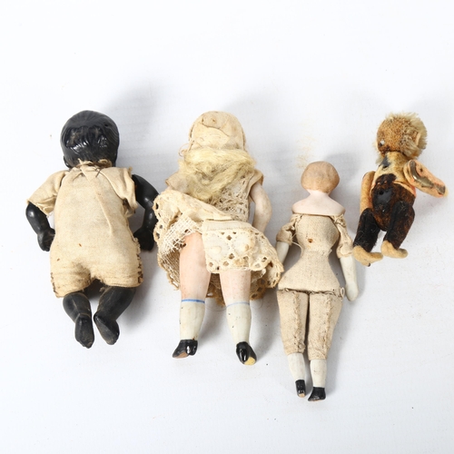 133 - 2 Antique miniature porcelain-headed dolls, another, and a monkey