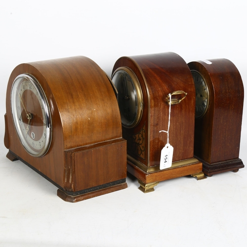 154 - An Edwardian mahogany and brass inlaid dome-top 8-day clock, a 1930s walnut-cased clock, and another... 