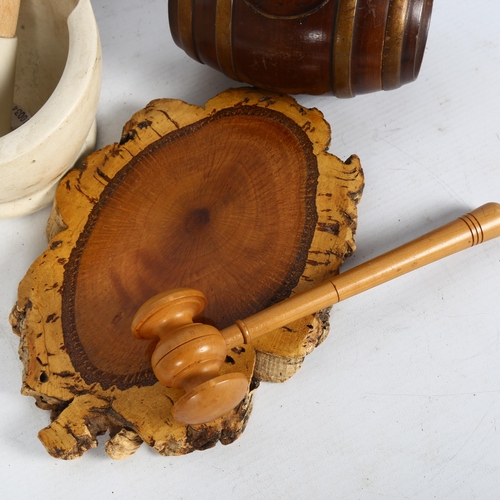 157 - A Wedgwood stoneware pestle and mortar, a turned wood barrel, and a turned wood gavel and stand