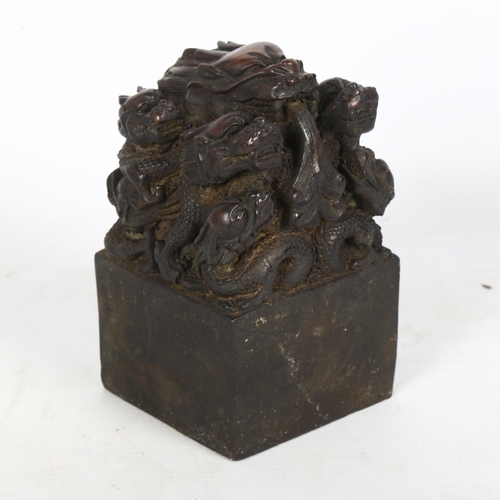 161 - A large Chinese dragon design bronze seal, H15cm