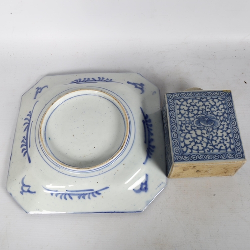 168 - A Chinese blue and white porcelain caddy, with painted decoration, height 15cm, and blue and white t... 