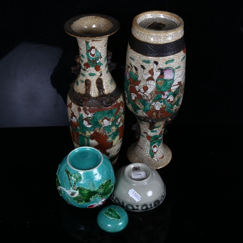 173 - A pair of Chinese crackle glaze vases, a Teksing tea bowl (label to the underside), and a turquoise ... 