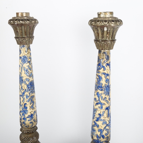 177 - A pair of long-necked stoneware candle stands with metal mounts, H52cm